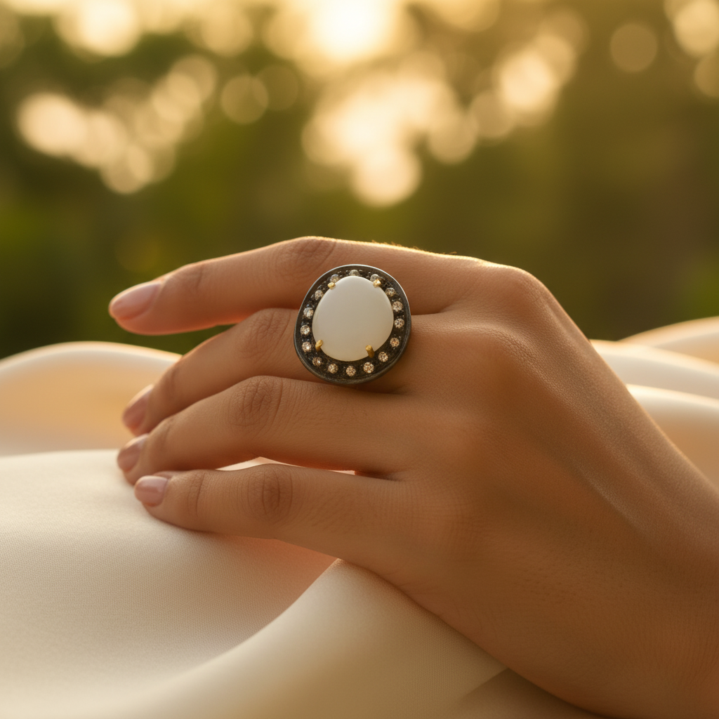 Gold plating ring with white gemstone and diamonds | women's ring