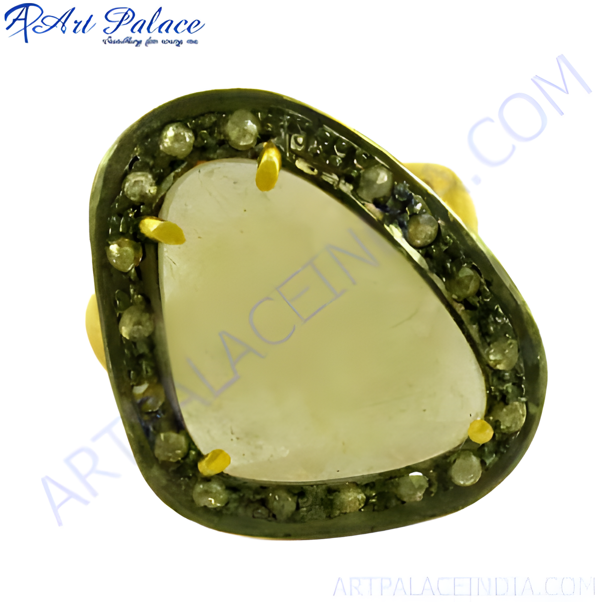 Gold plating ring with a central gemstone and diamond accents, perfect for women