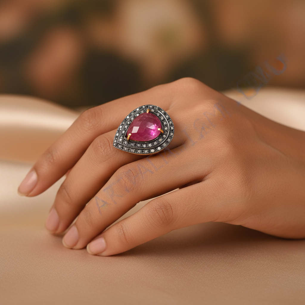 Gold plating ruby & diamond ring for women | pear cut engagement jewelry
