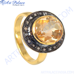 Load image into Gallery viewer, Gold ring with a large yellow citrine gemstone and small surrounding diamonds.

