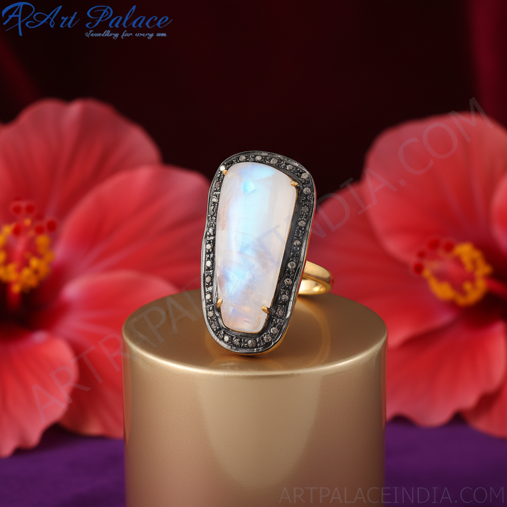 Moonstone cocktail ring with diamond accents | gold plating plated ring