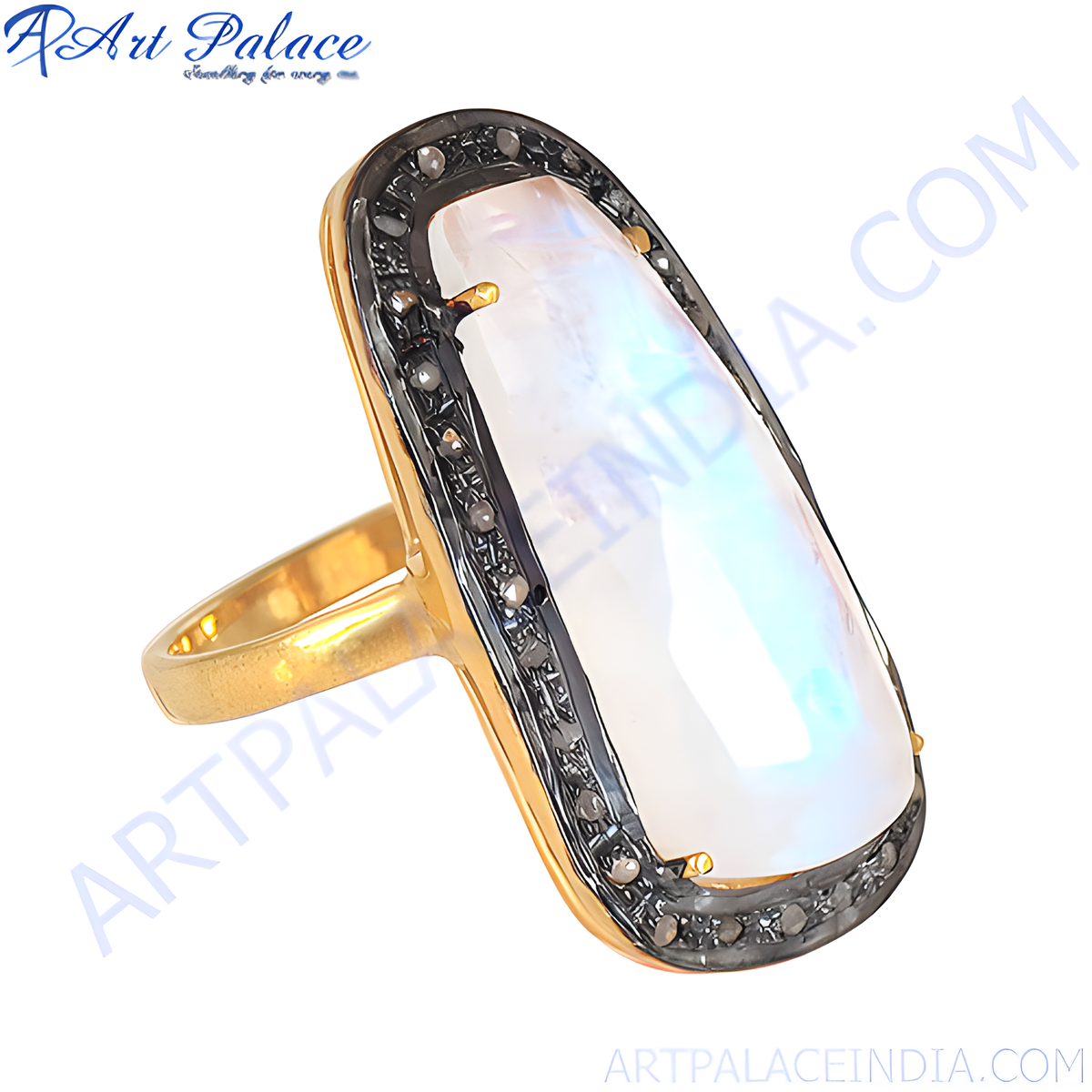 Gold plating plated moonstone cocktail ring with black diamond accents, rectangular gemstone, elegant jewelry