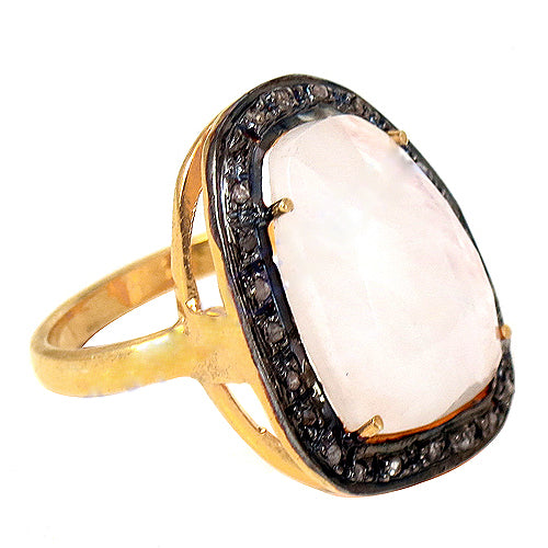 gold plating Ring with White Gemstone and Black Stone Accents for Women