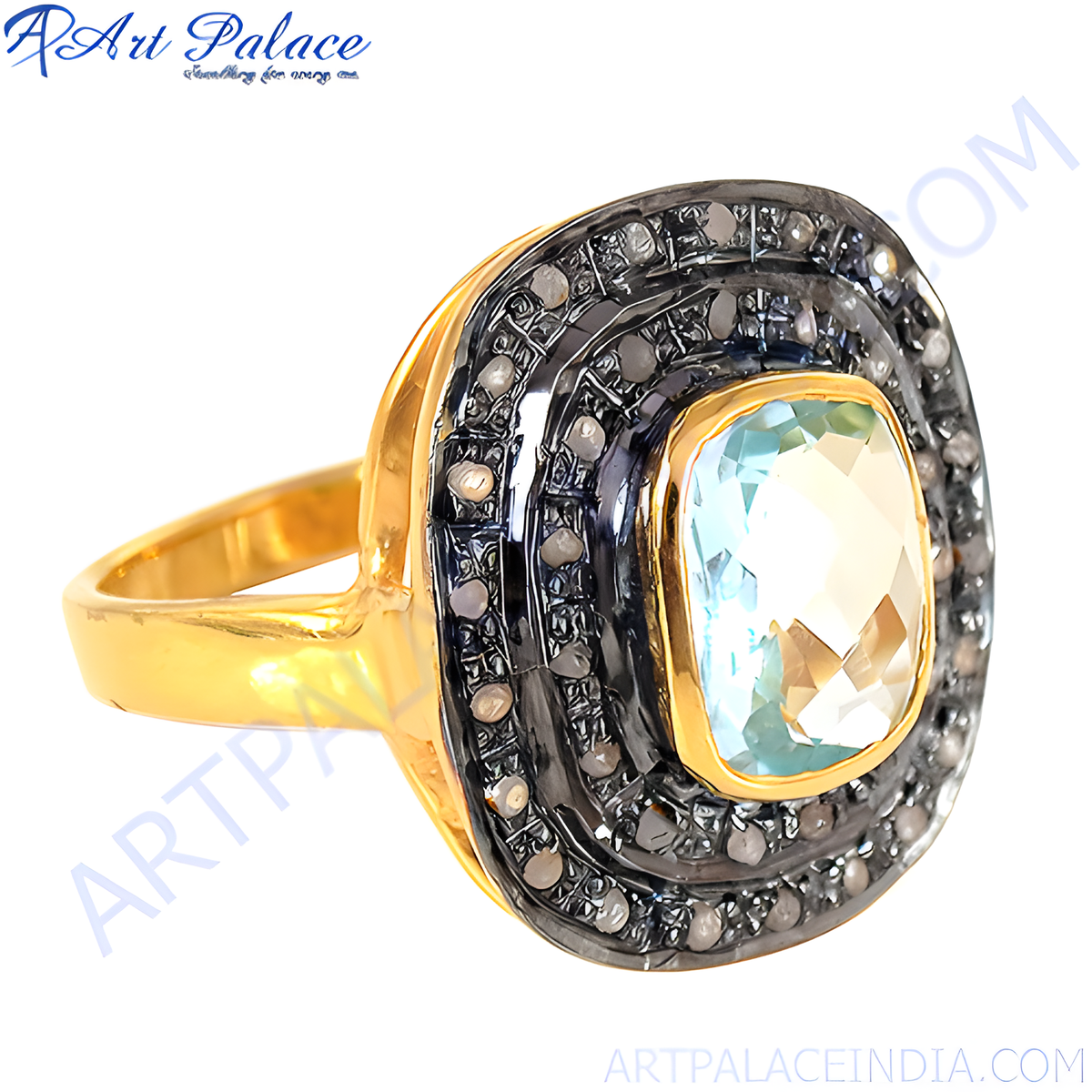 Gold plating ring with a large square cut blue topaz gemstone surrounded by small accent stones, perfect for elegant wear