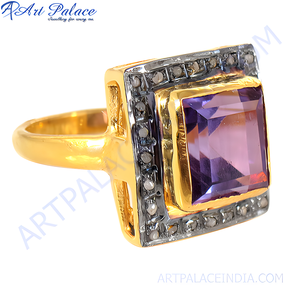 Gold plating ring with a square cut amethyst gemstone and diamond accents, a perfect jewelry gift