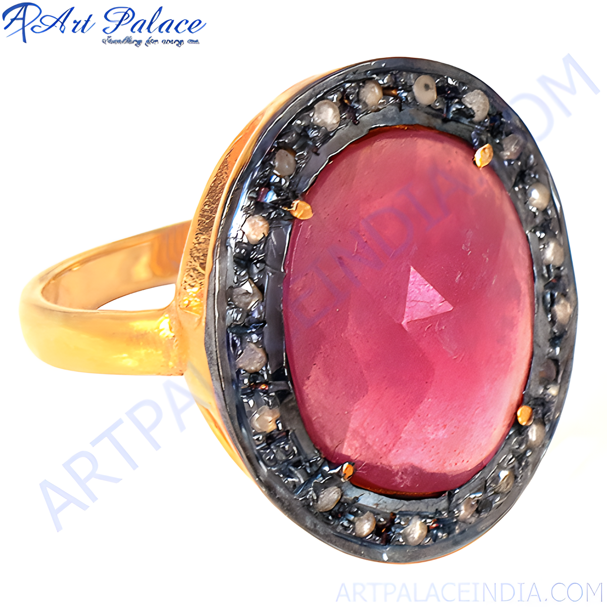 Gold plating finish ring featuring a large ruby gemstone surrounded by diamonds for women