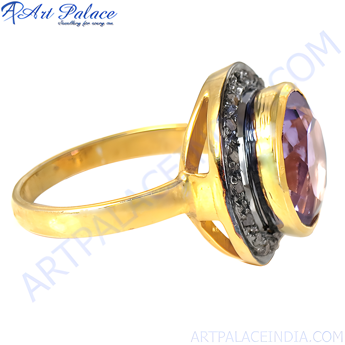 Gold plating ring with a large oval cut purple amethyst gemstone