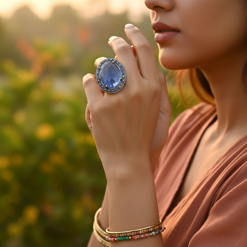 Sapphire & diamond halo ring | gold plating ring for women