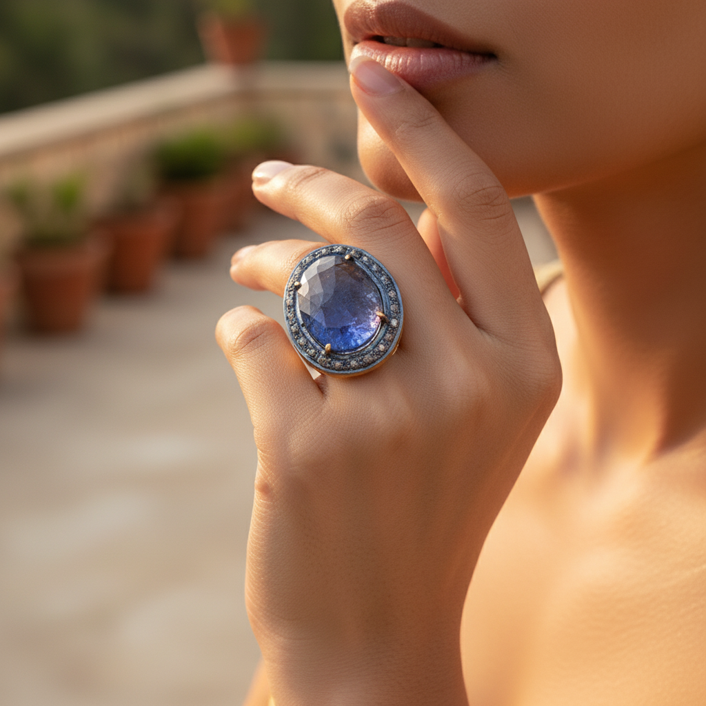 Sapphire & Diamond Halo Ring | gold plating Ring for Women