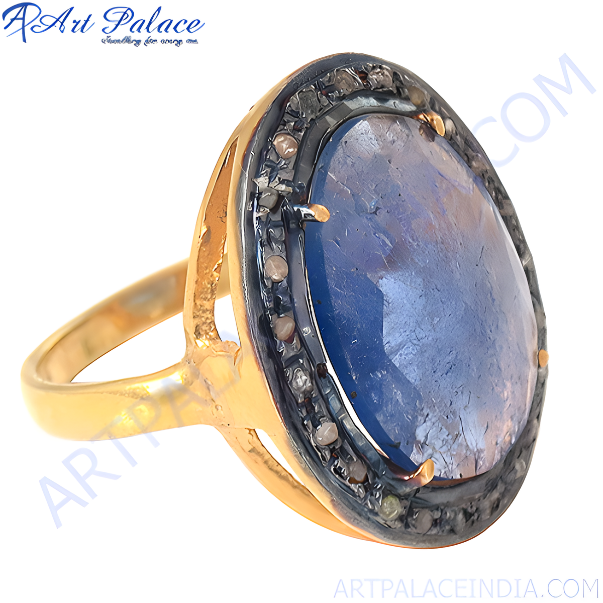 Gold plating halo ring with oval cut blue sapphire center stone and diamond accents