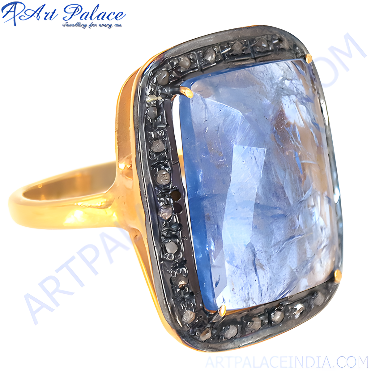 Gold plating finish ring with a large blue sapphire gemstone and diamond accents, a luxurious cocktail ring for women