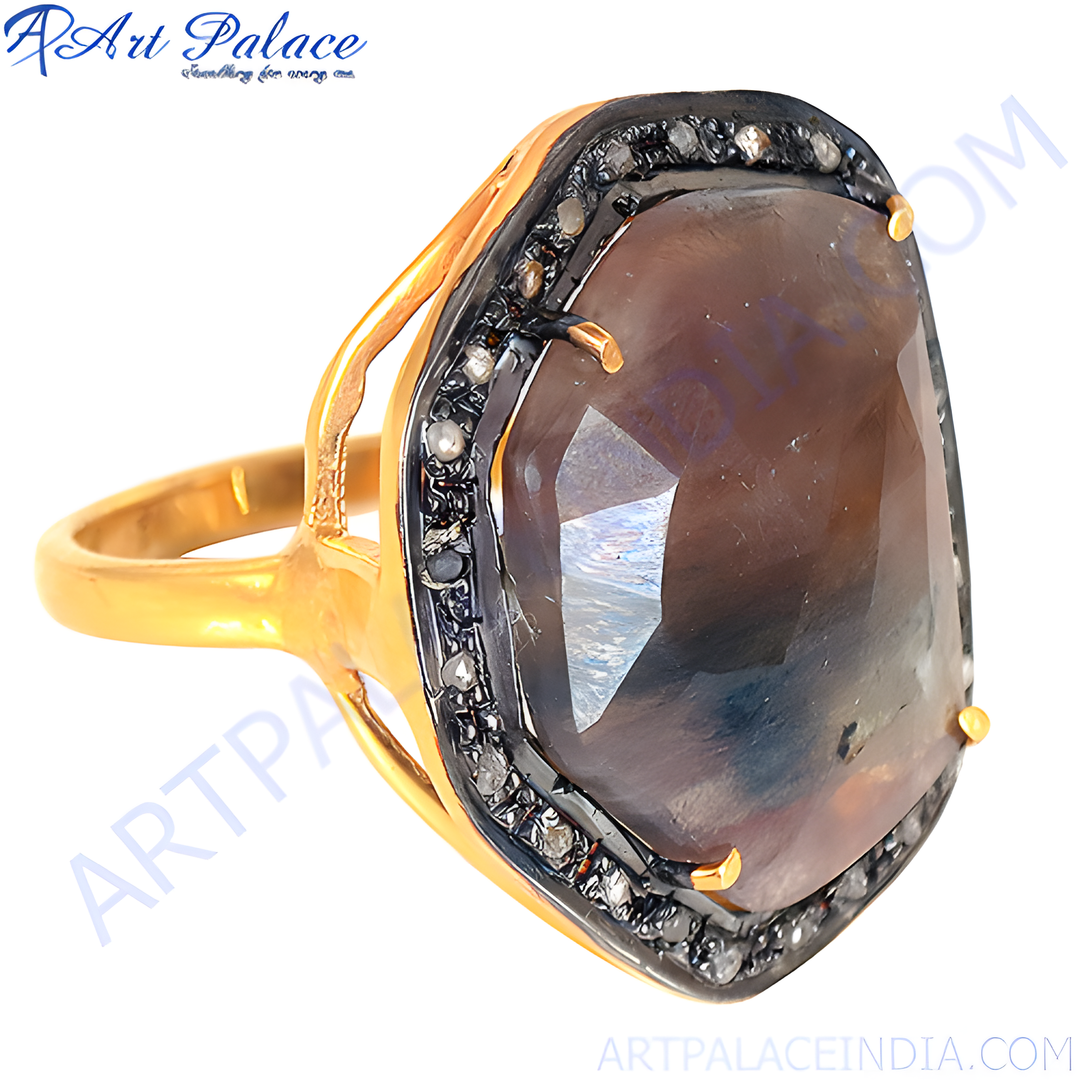 gold plating ring with a large brown gemstone and a diamond halo setting, perfect for women's fashion