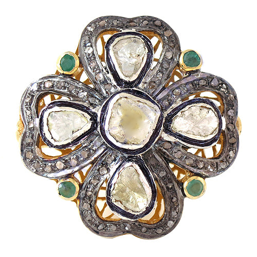 gold plating Diamond Ring with Emerald Accents | Floral Ring