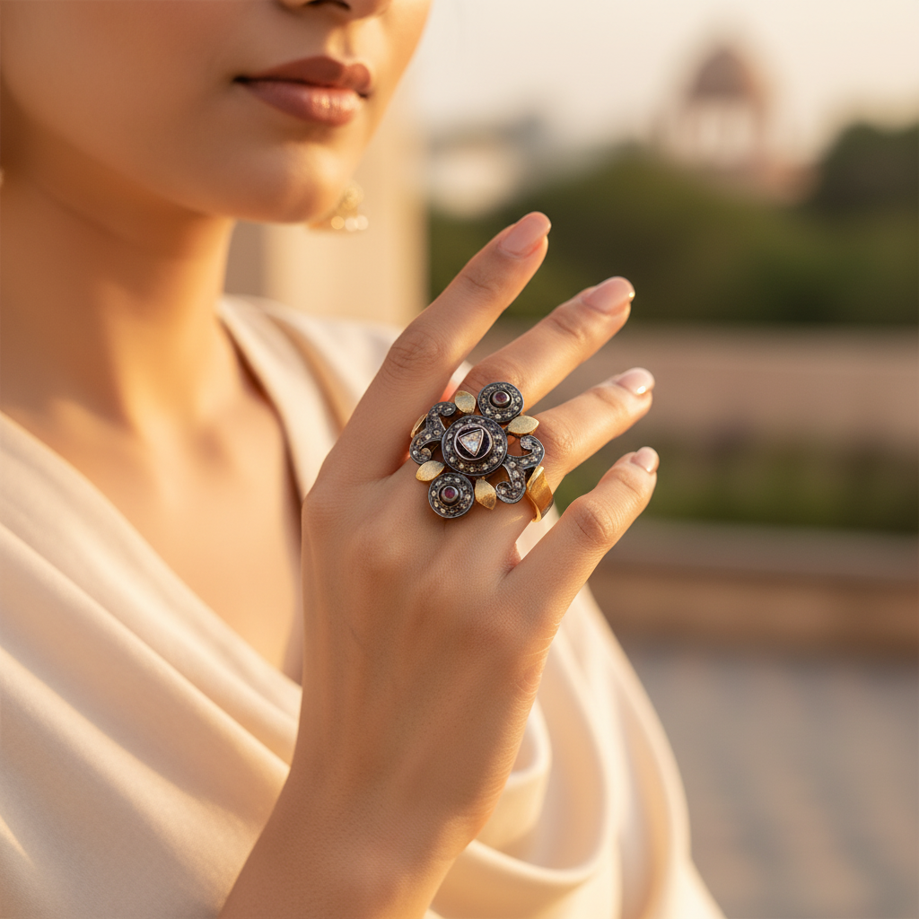 Ruby & diamond ring for women | gold plating & silver filigree ring