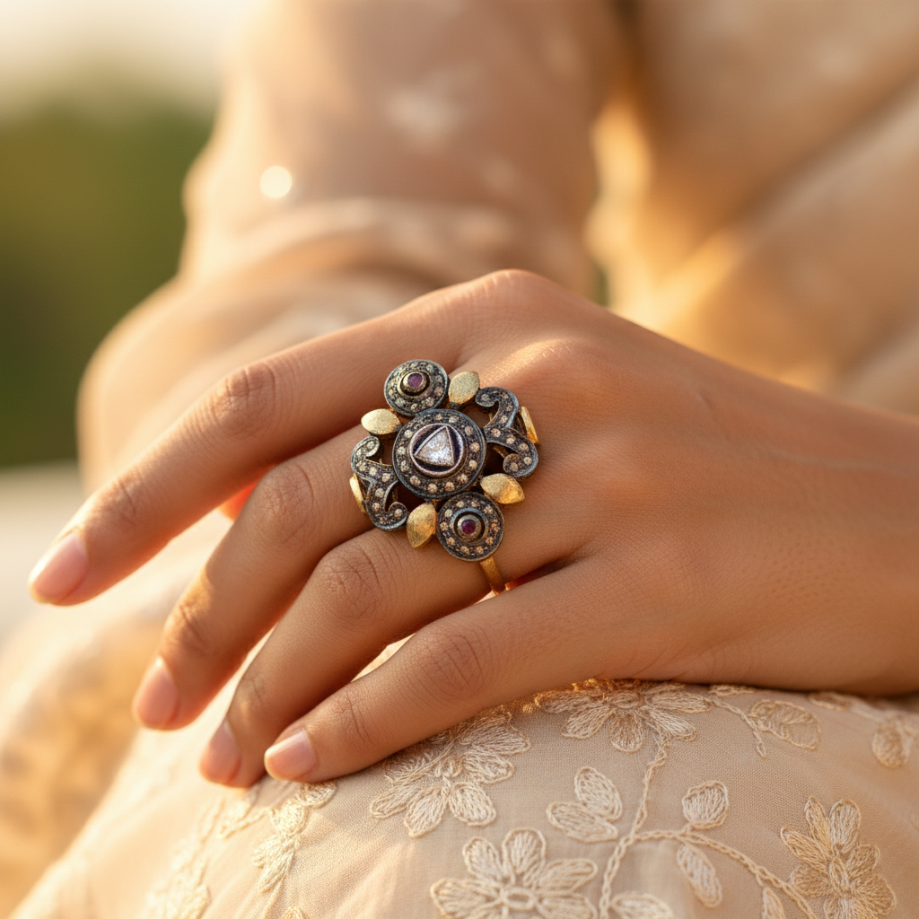 Ruby & Diamond Ring for Women | gold plating & Silver Filigree Ring