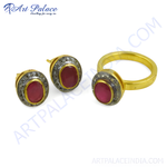 Load image into Gallery viewer, gold plating plated ruby earrings and ring set, featuring oval rubies and surrounding accents.
