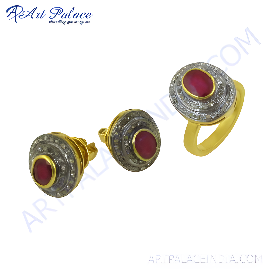 gold plating ring and earrings set featuring oval ruby gemstones, perfect for any occasion.