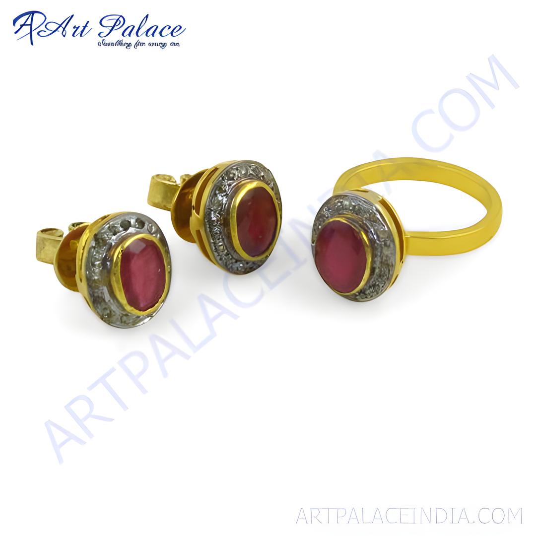 gold plating ruby stud earrings and matching ring set with diamonds and red gemstones.