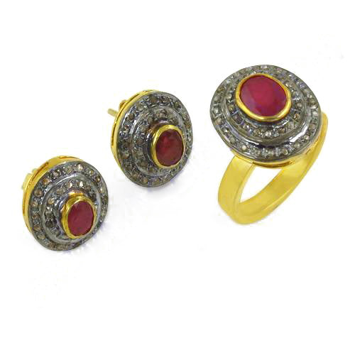 Ruby Stud Earrings & Ring Set | gold plating Finish | Women's Jewelry