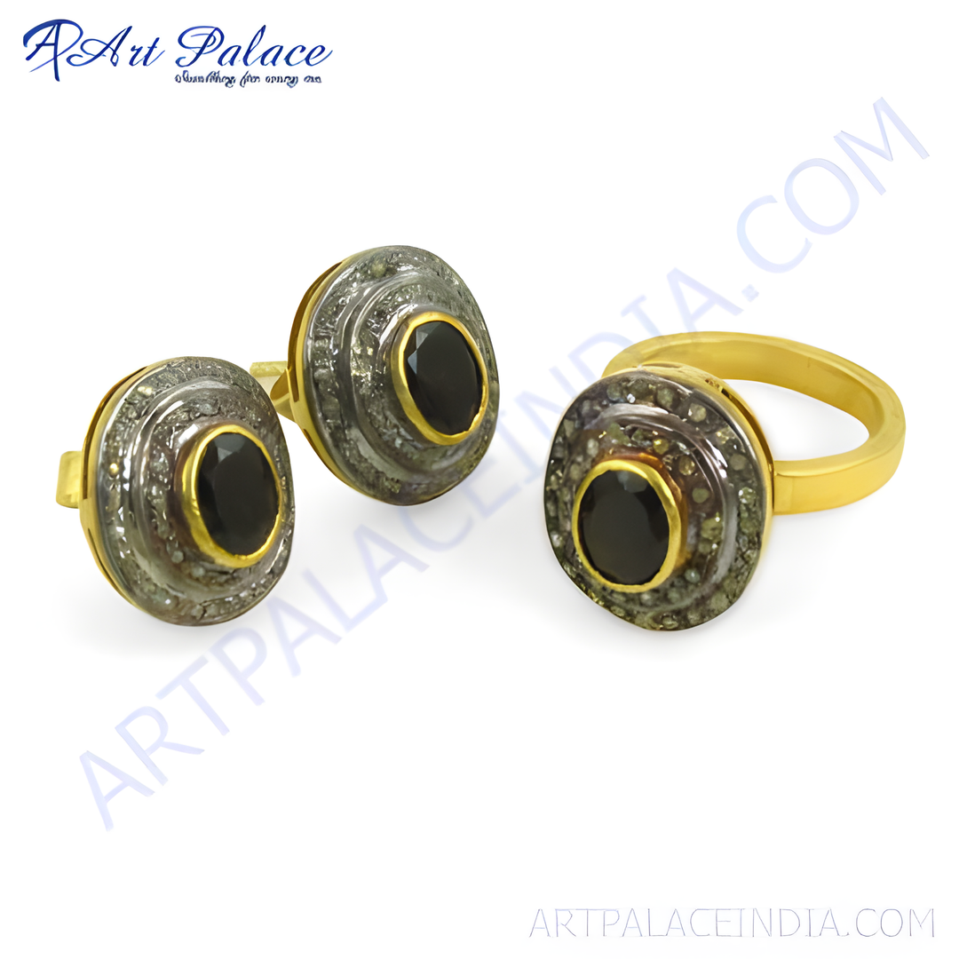 gold plating ring and earrings set with black gemstone center, perfect for women
