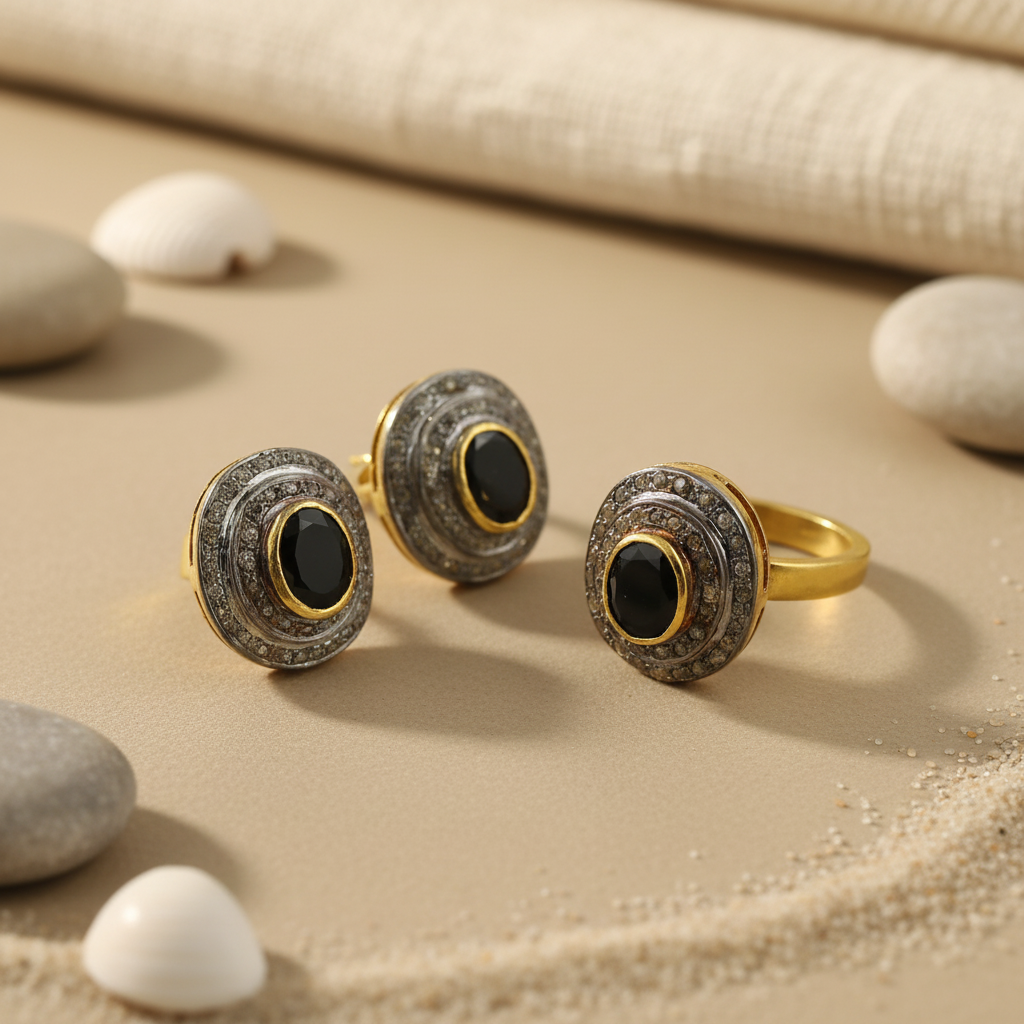 gold plating Ring & Earrings Set with Black Gemstones for Women