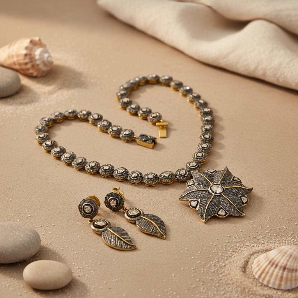 Vintage Diamond Necklace & Earrings Set | gold plating-Tone Jewelry