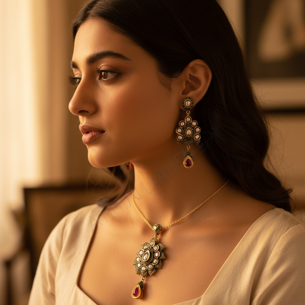 Gold plating diamond earrings pendant set | women's indian jewelry