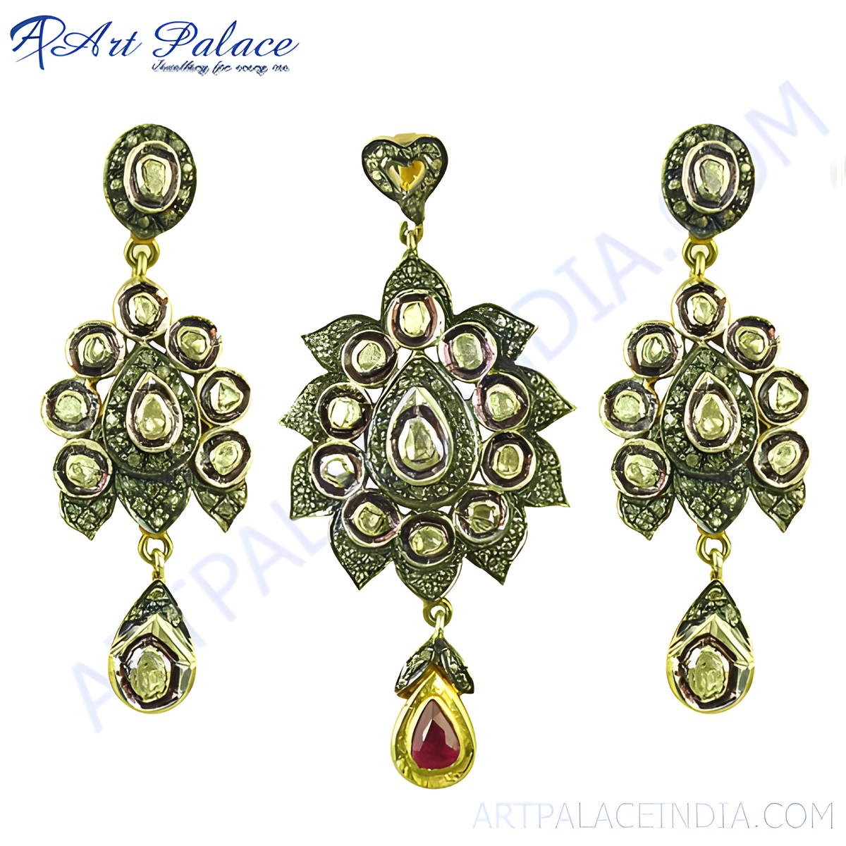 Gold plating diamond earrings and pendant set with intricate design and ruby accent