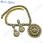 Load image into Gallery viewer, gold plating Kundan necklace and earrings set with intricate details, showcasing Indian jewelry craftsmanship
