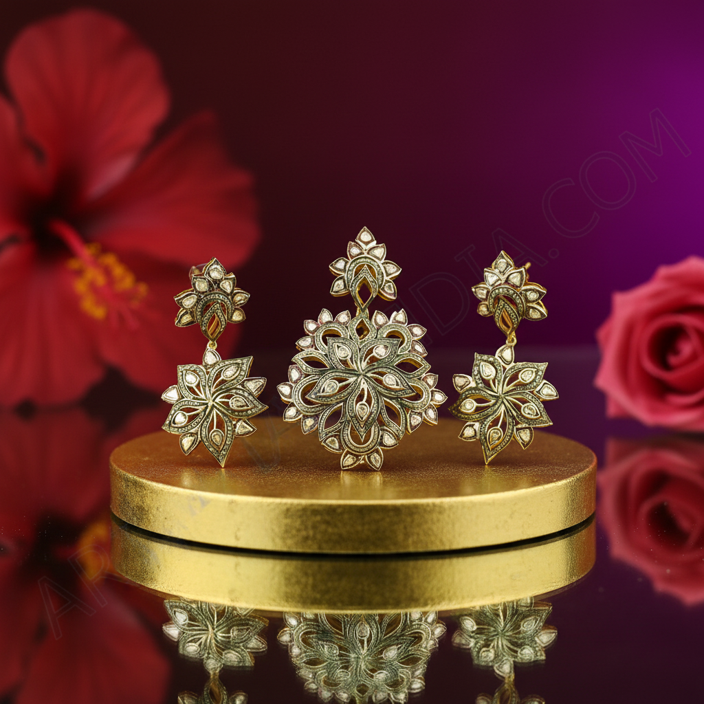 Floral diamond pendant set | antique gold plating finish jewelry