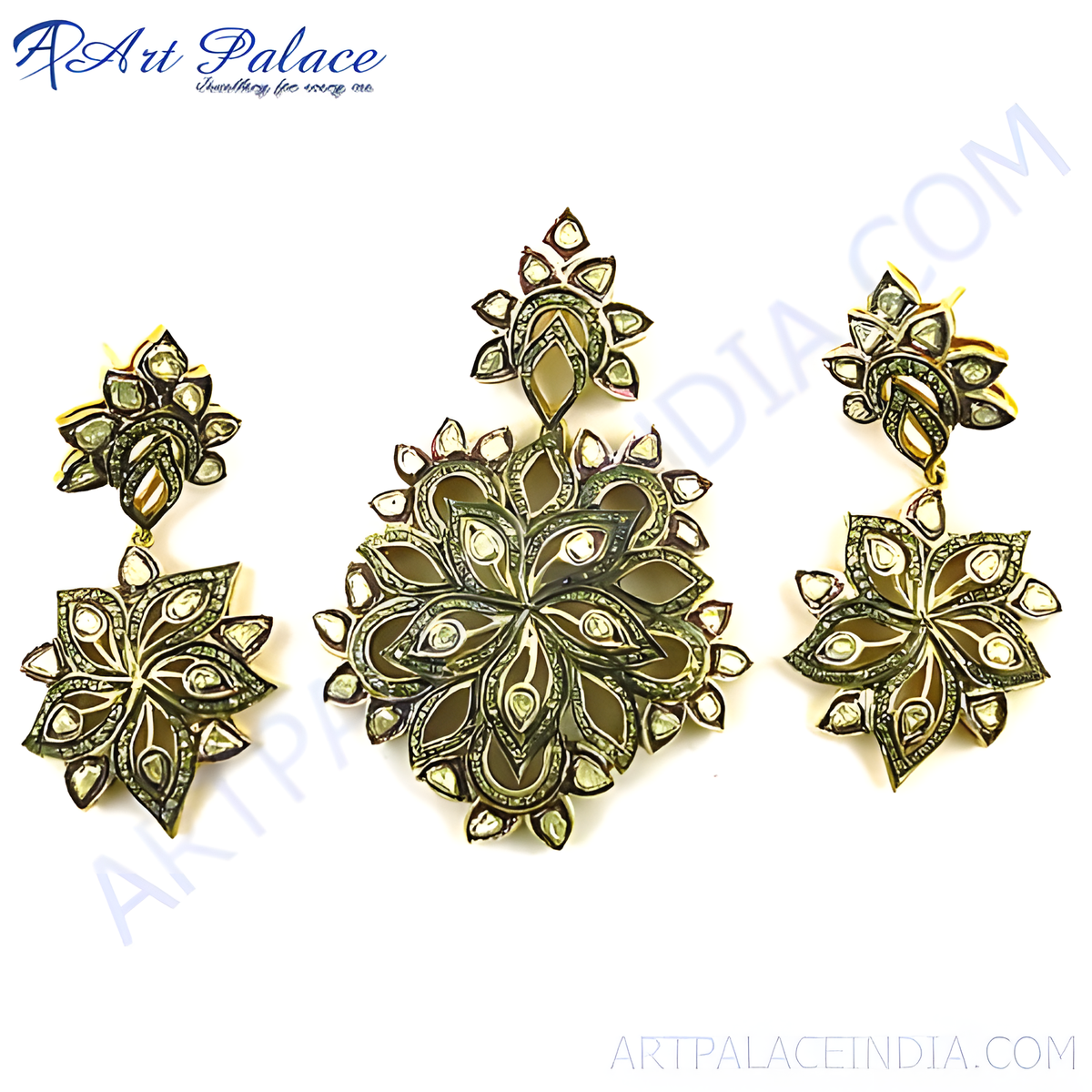 Antique gold plating finish floral diamond pendant set, featuring intricate details and a classic design, perfect for special occasions