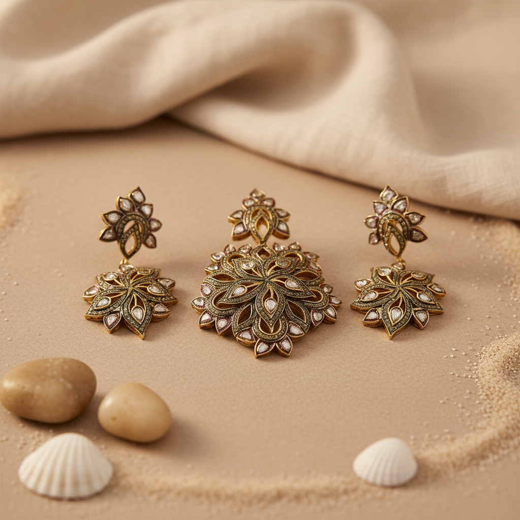 Floral Diamond Pendant Set | Antique gold plating Finish Jewelry