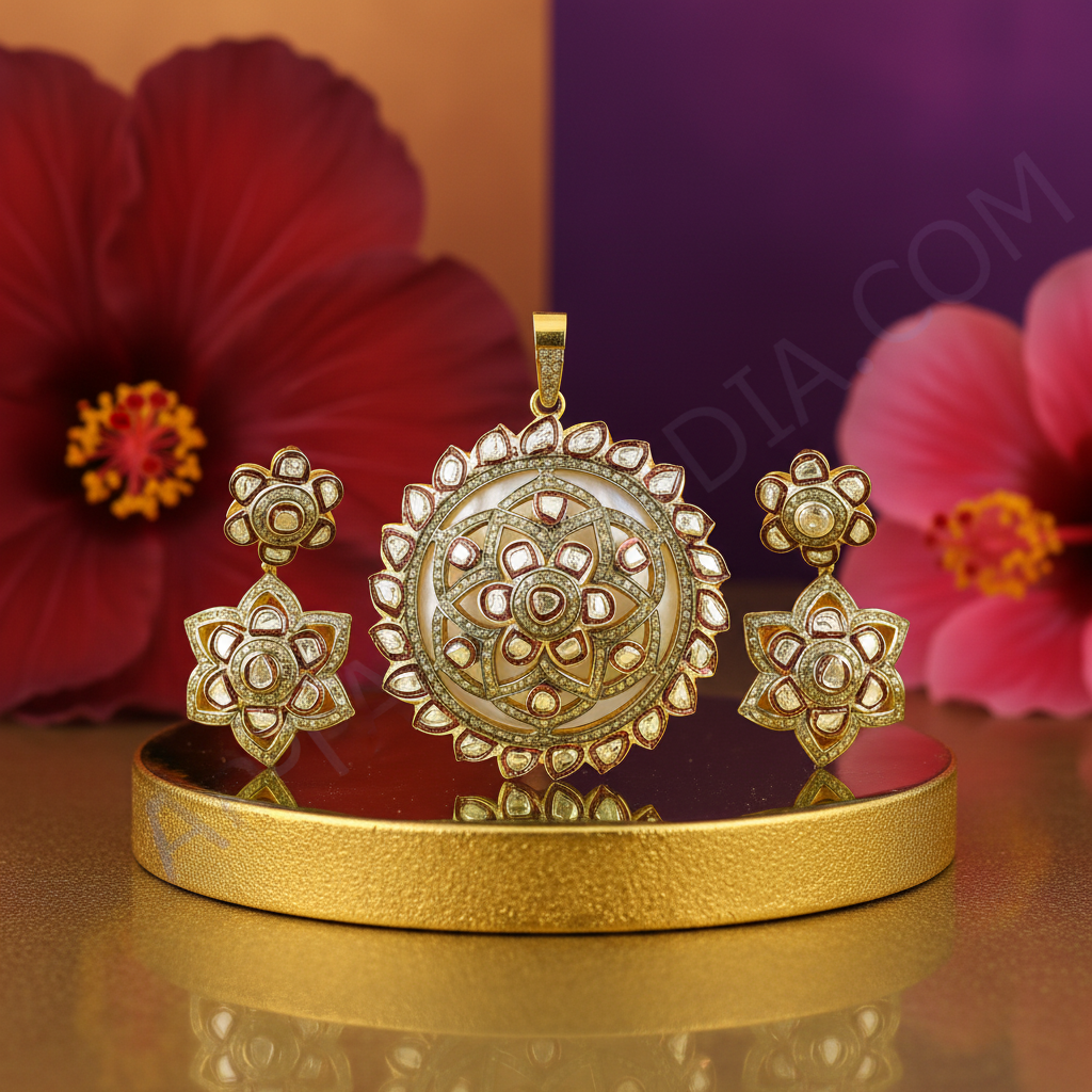 Gold plating diamond floral pendant & earrings set for women | gift jewelry