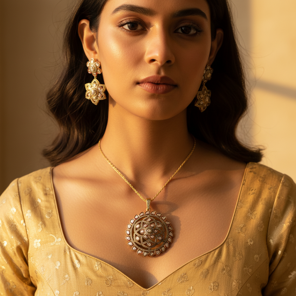 gold plating Diamond Floral Pendant Earrings Set | Women's Jewelry