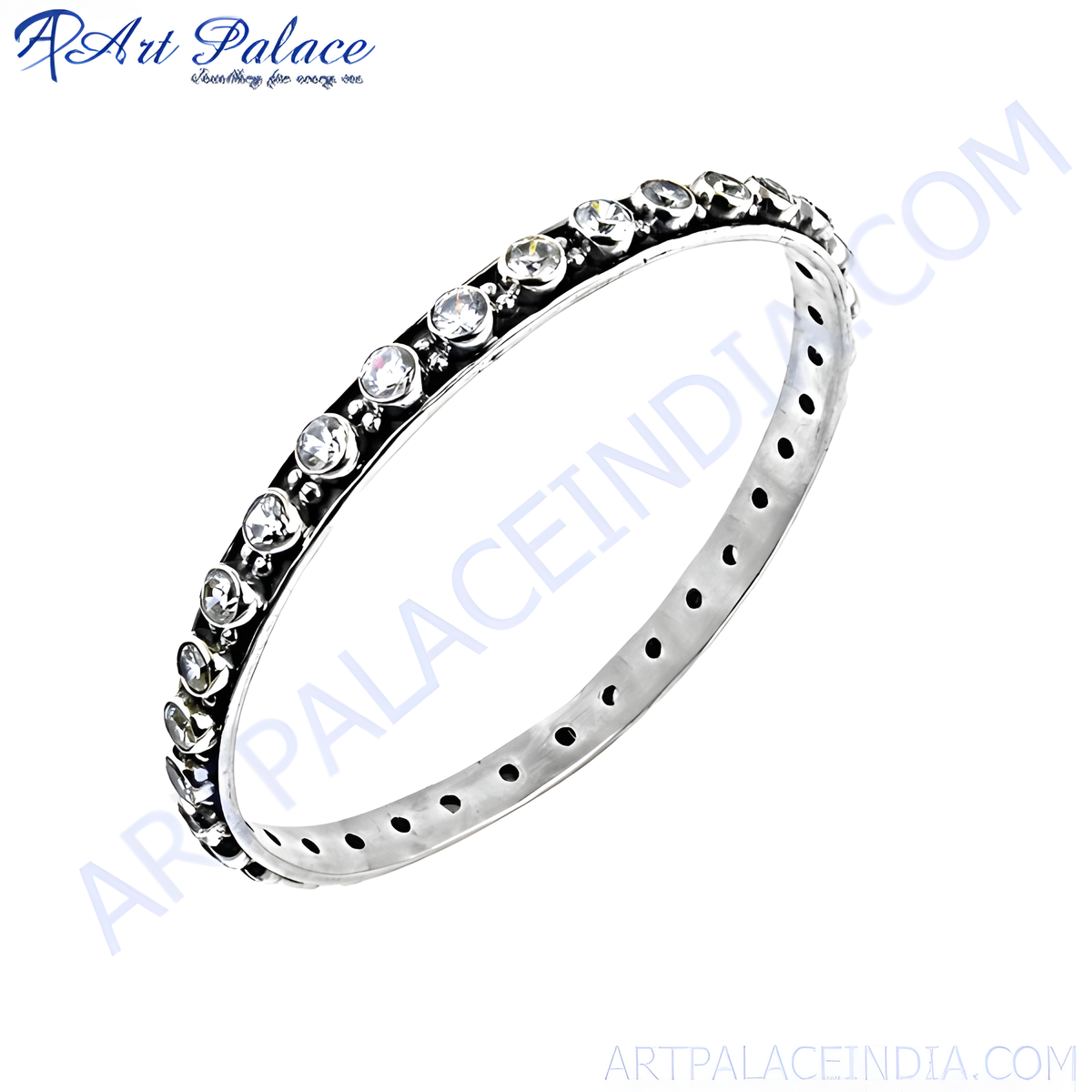 Silver bangle bracelet with round white cubic zirconia stones, daily wear jewelry