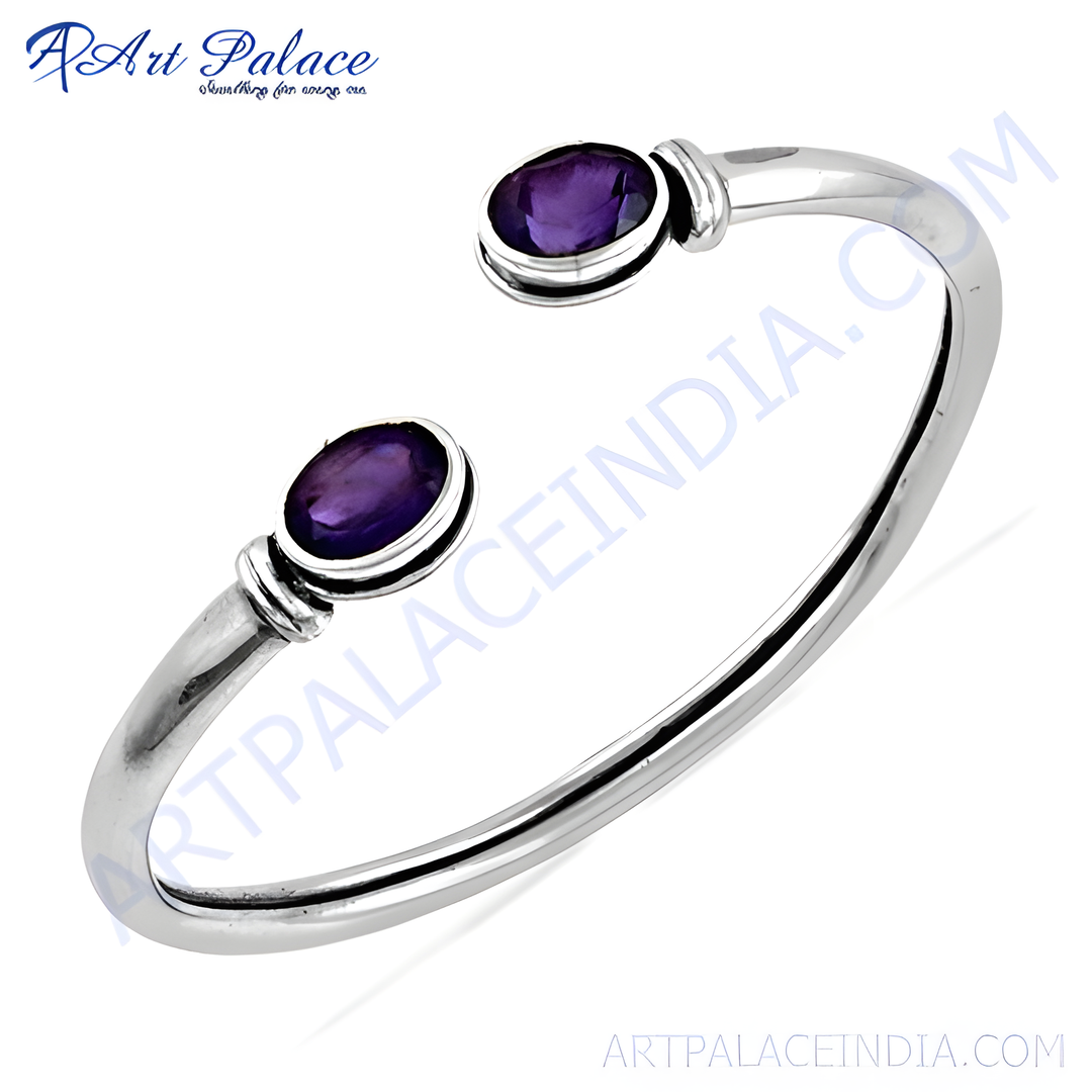925 sterling silver cuff bracelet with oval-shaped amethyst gemstones, purple color jewelry