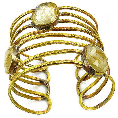 gold plating Rutilated Quartz Cuff Bracelet for Women | Statement Jewelry