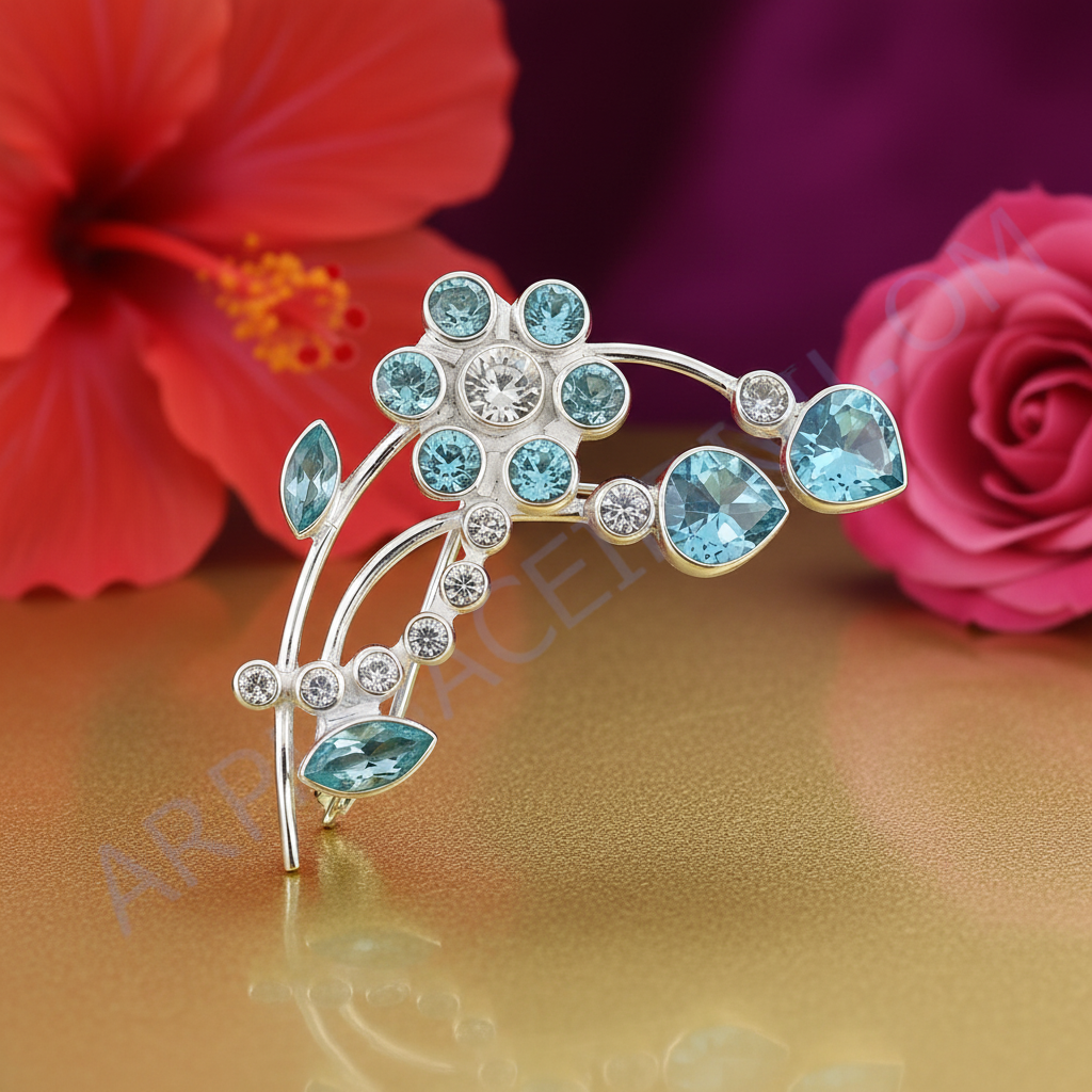 Silver floral brooch with blue gemstones | women's fashion jewelry