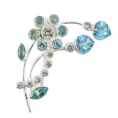 Silver Floral Brooch with Blue Gemstones | Women's Fashion Jewelry