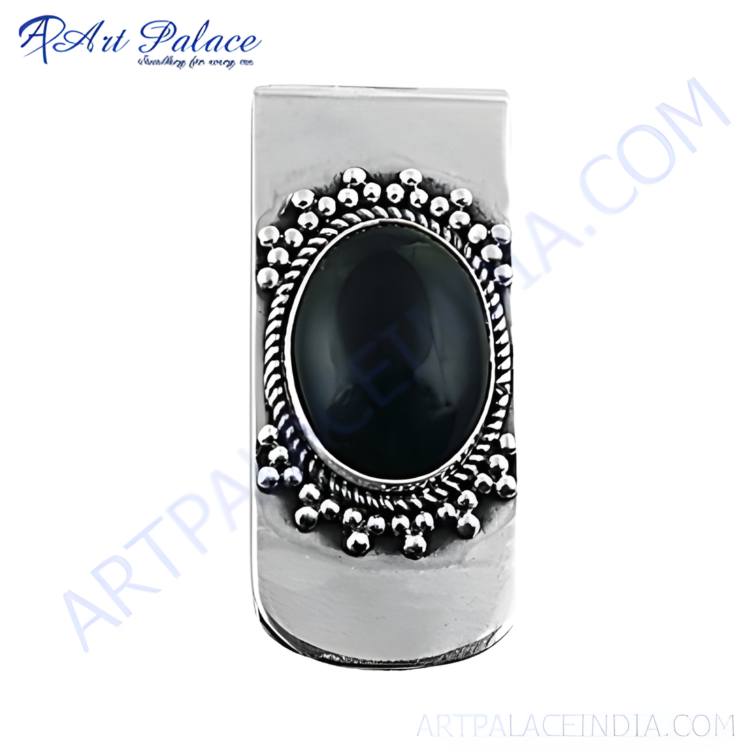 925 sterling silver money clip with oval black onyx gemstone center