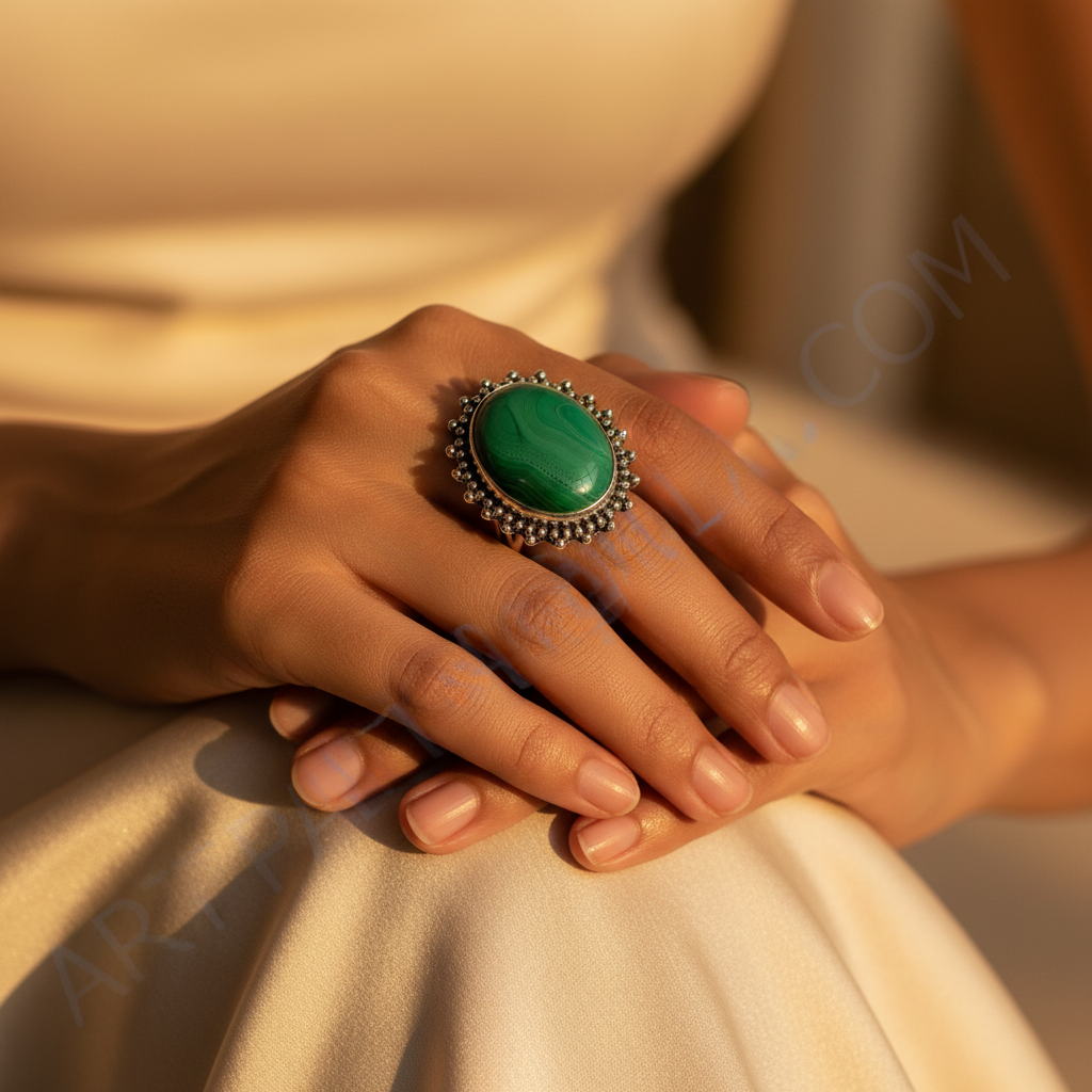 925 Silver Malachite Ring | Oval Gemstone Ring for Women