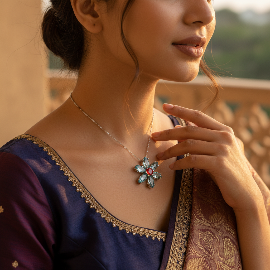 Silver Flower Ring with Red and Blue Gemstones | Women's Jewelry