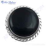 Load image into Gallery viewer, Sterling silver ring with a large, round black onyx gemstone set in a textured, rope-like border
