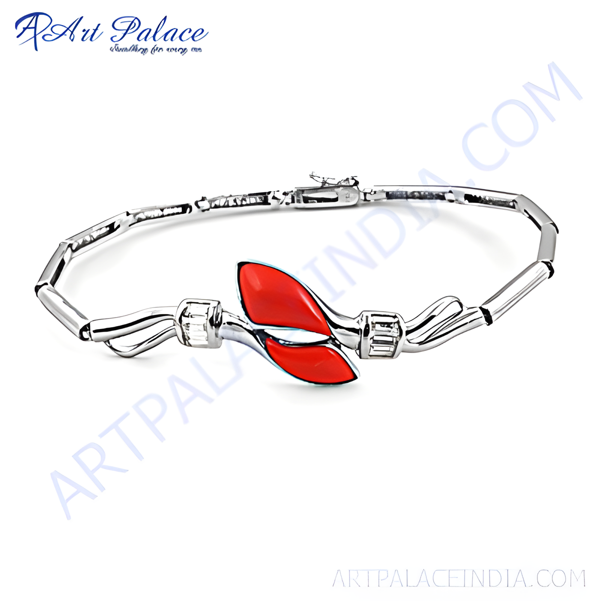 Sterling silver bracelet featuring a red coral stone centerpiece