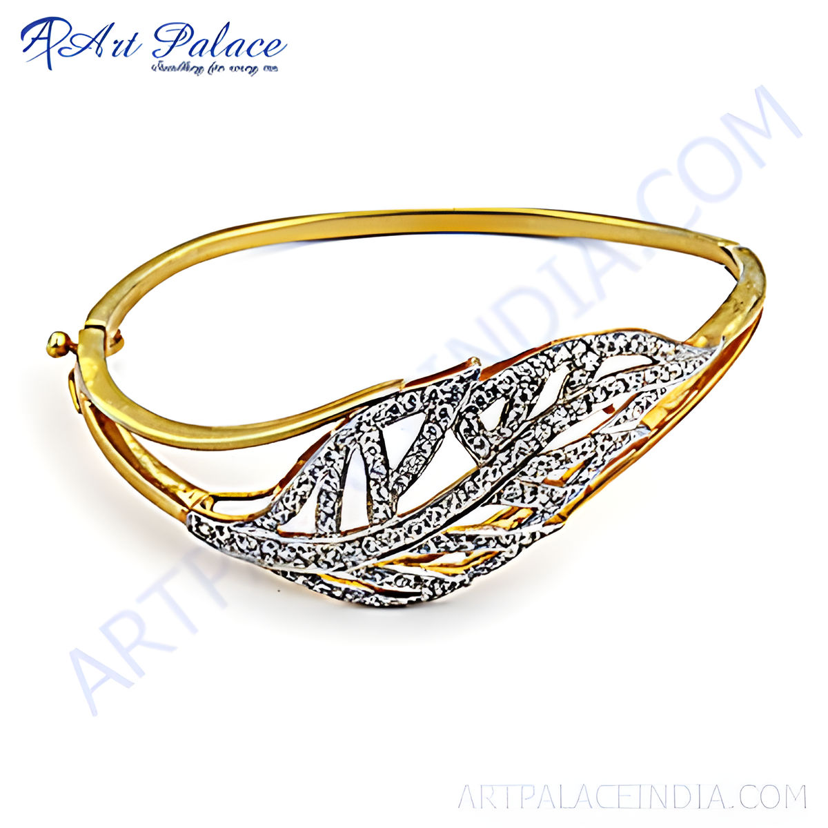 Gold plating leaf bangle bracelet with sparkling cubic zirconia stones, perfect for women's fashion jewelry