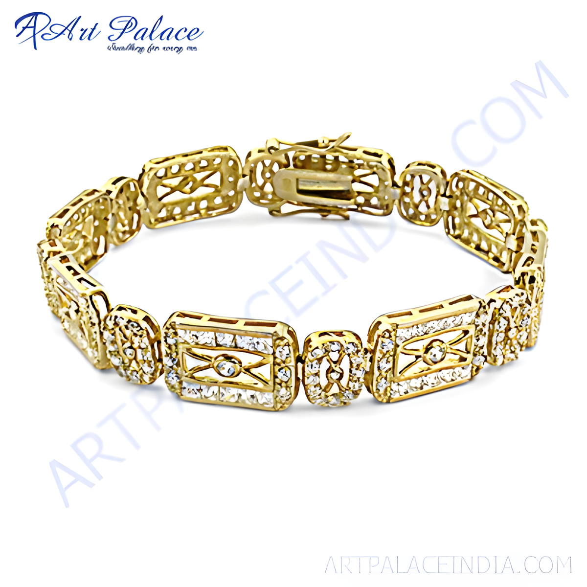 Gold plating plated zirconia chain bracelet, luxury party wear women's jewelry, sparkling gemstones, secure clasp