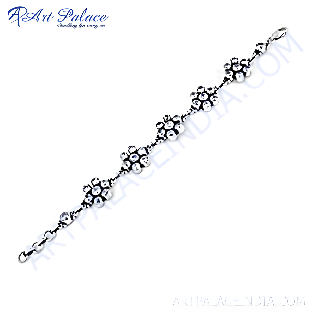 925 sterling silver flower motif bracelet, linked chain design, white background