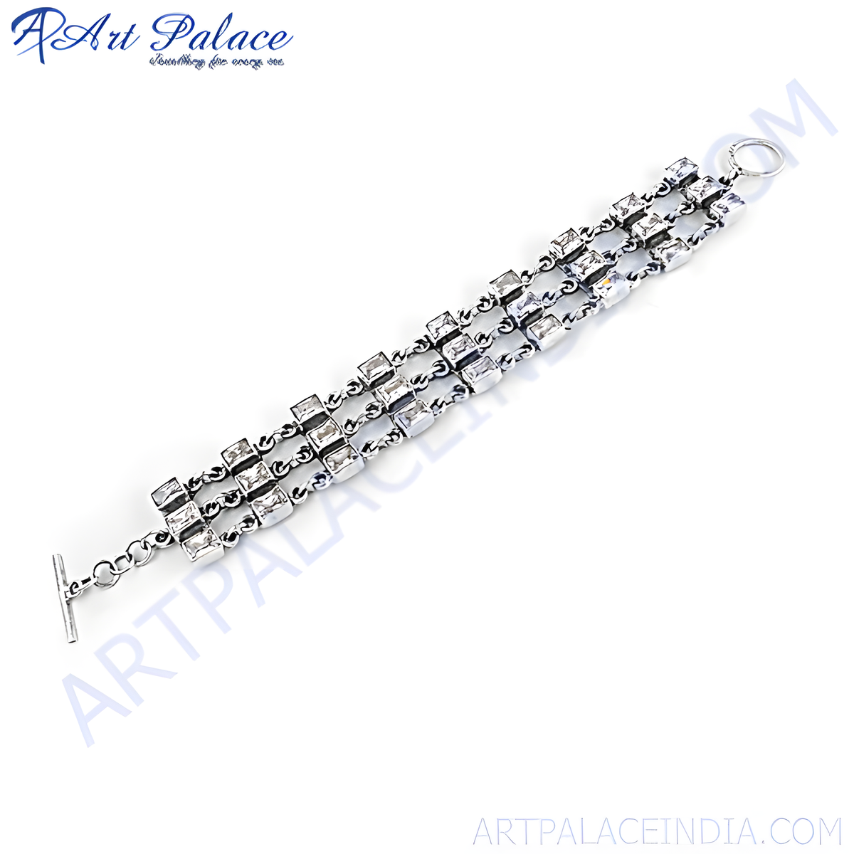 Silver bracelet with three rows of sparkling cubic zirconia stones, perfect for elegant fashion