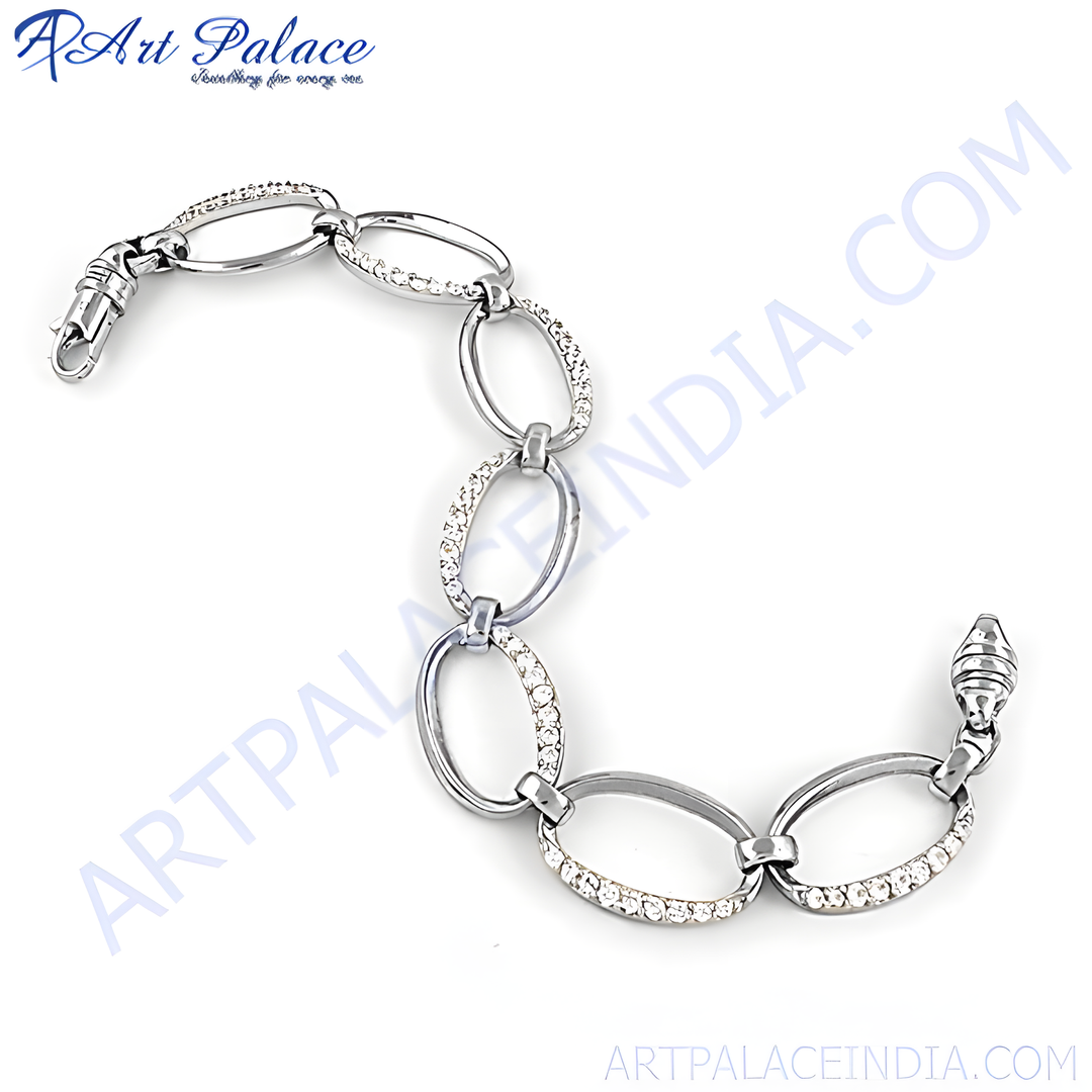 Silver oval link chain bracelet with sparkling crystals for women, fashion jewelry
