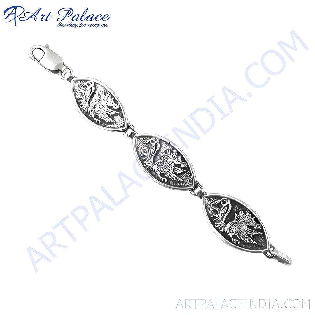 Sterling silver dragon design chain bracelet for women. Features intricate dragon detailing.